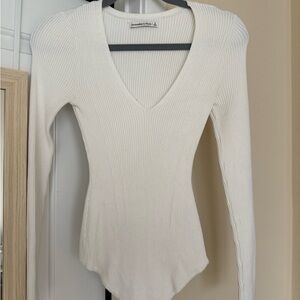 Abercrombie White Ribbed Long Sleeve Bodysuit